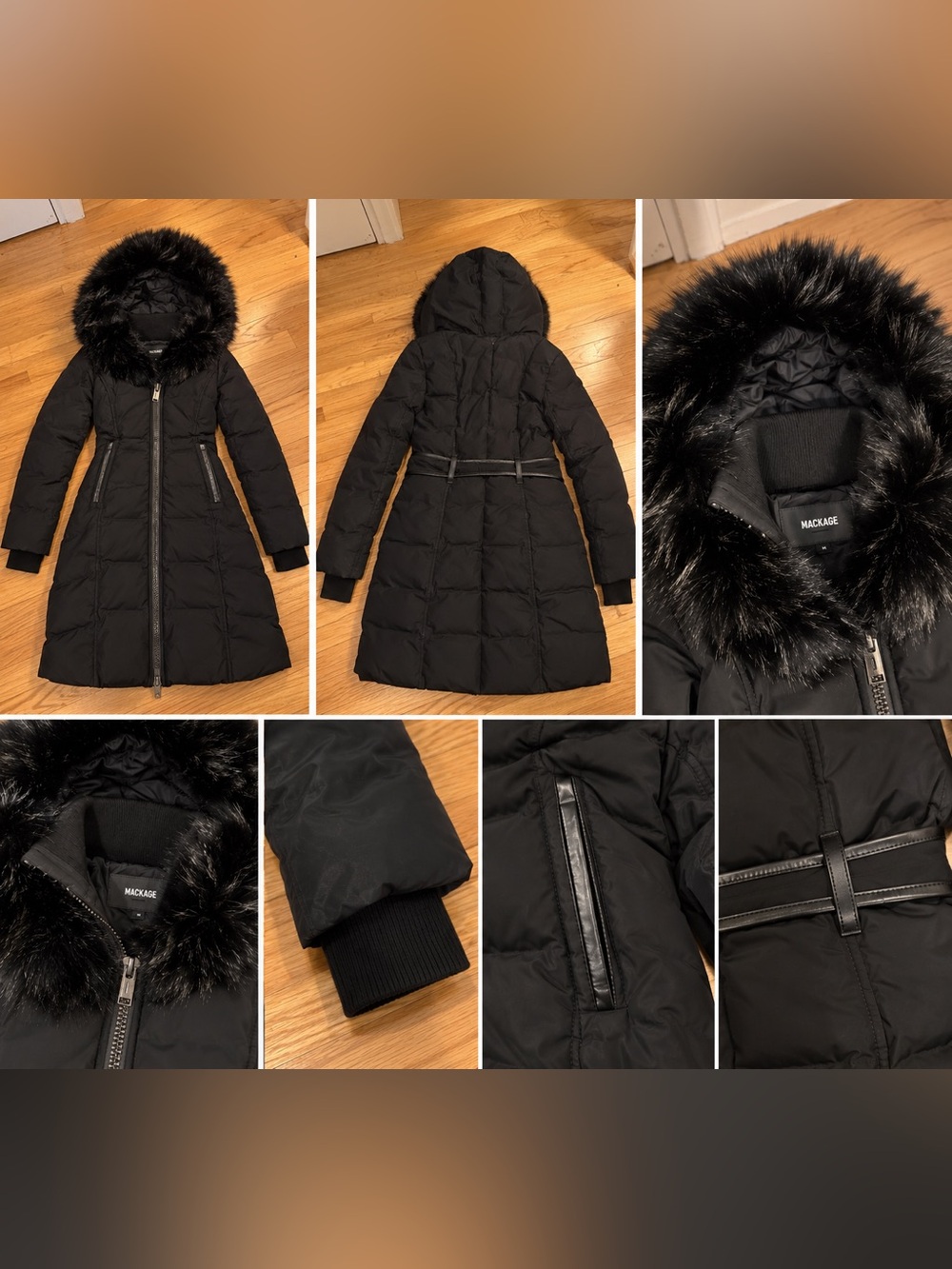 Mackage Black Hooded Long Puffer Coat with Faux Fur Trim
